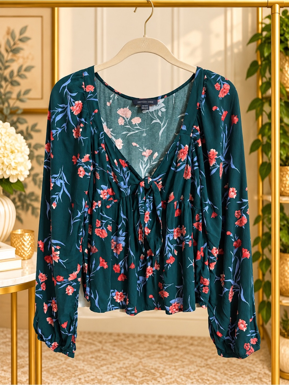 American Eagle Dark Green Floral Tie Front Peplum Blouse Size M
